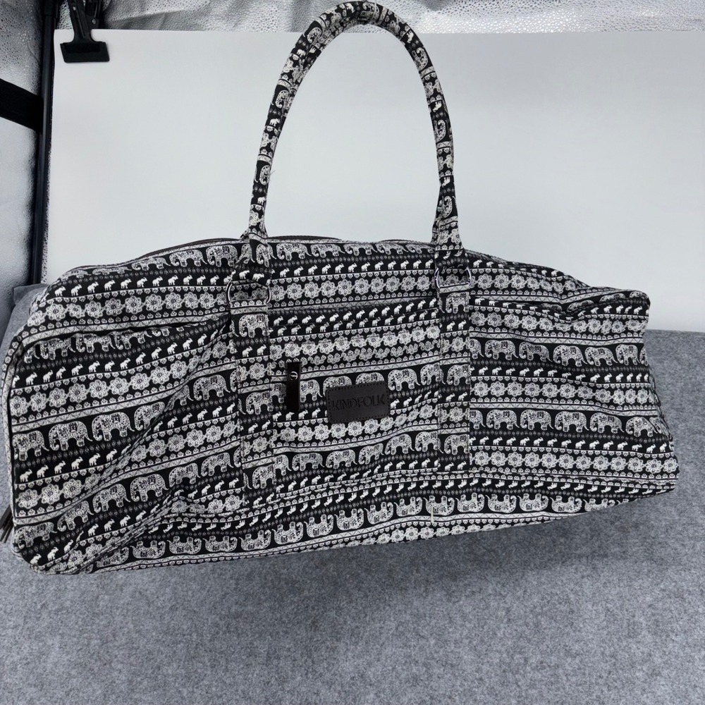 Kindfolk Yoga Mat Duffel Bag Black White Elephant Print Canvas Gym Travel Tote